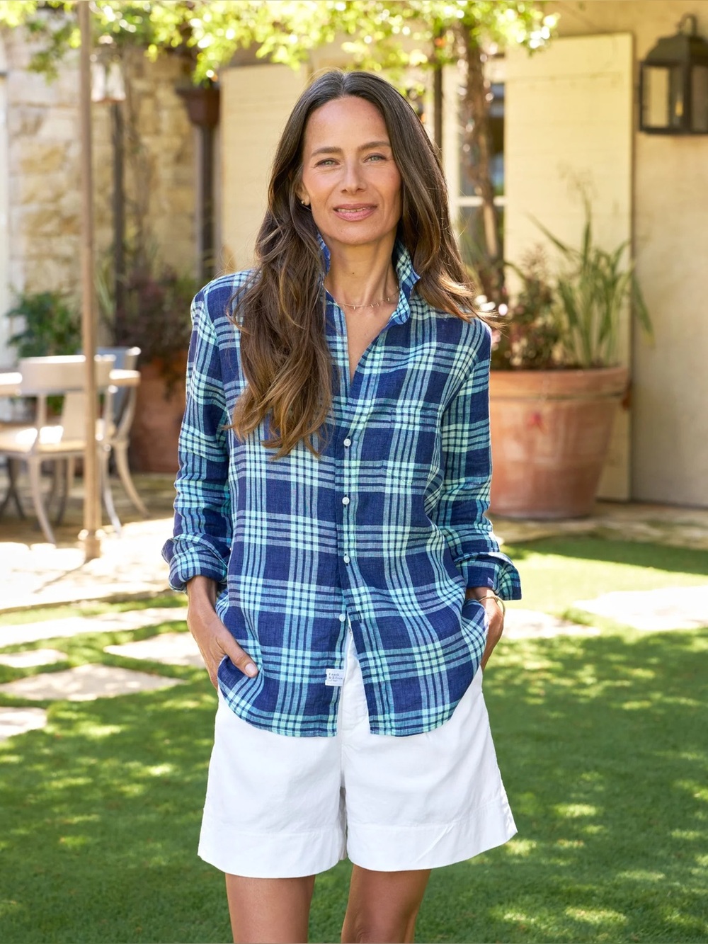 New Frank and Eileen Navy & Seafoam Plaid 'Eileen' Italian Linen Shirt Size S